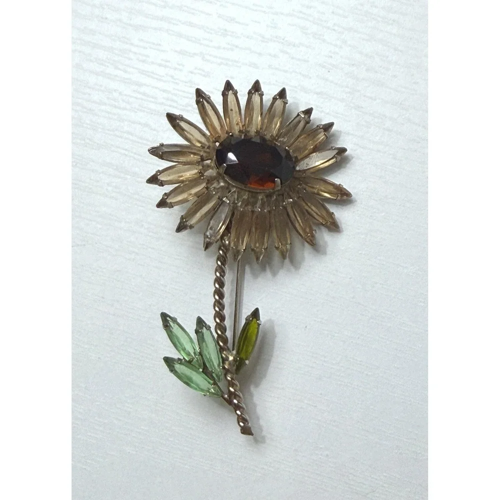Vintage Rhinestone Brooch Floral Sunflower Daisy